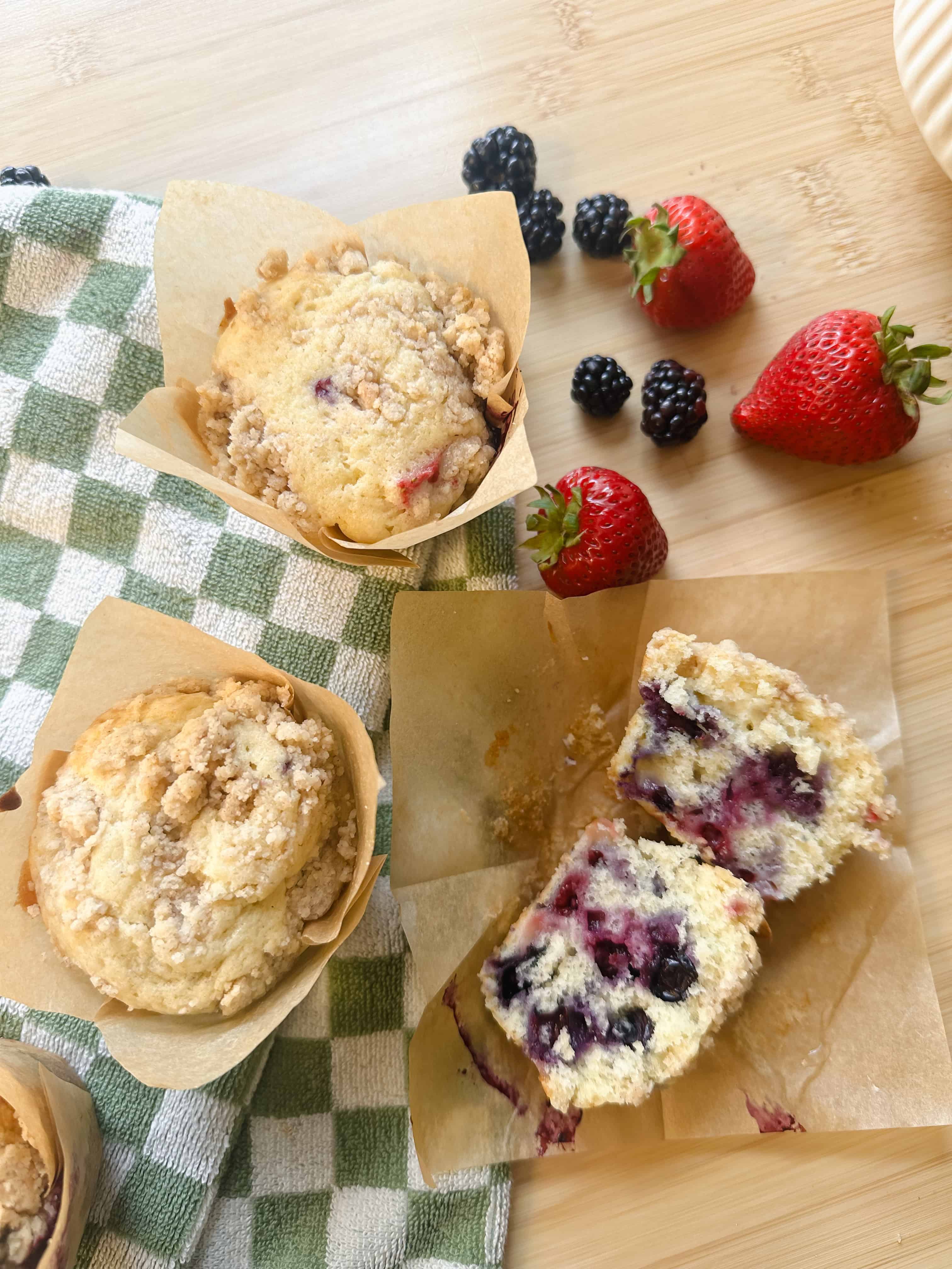 Bakery Style Triple Berry Crumble Muffins Recipe (with Video)