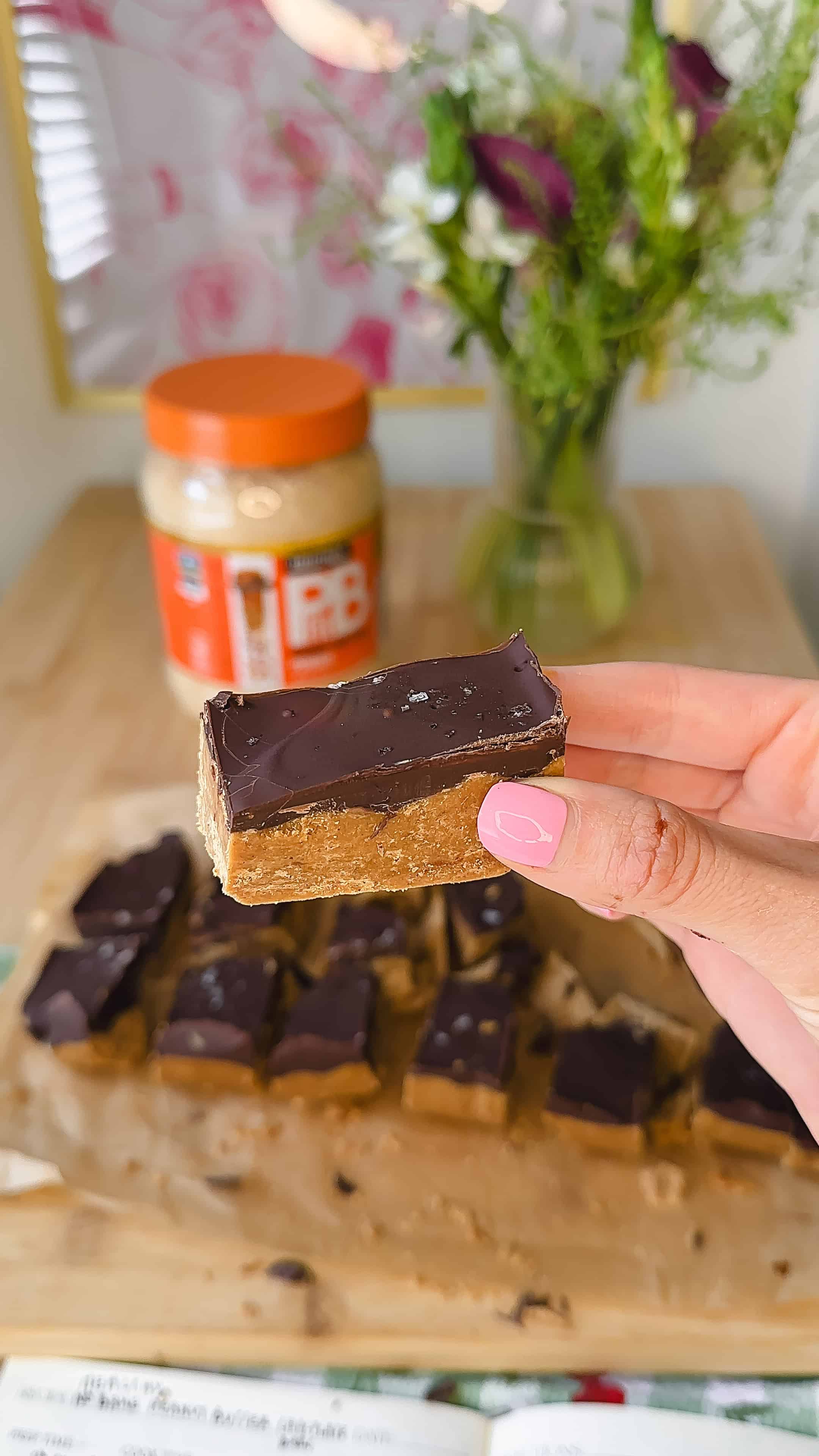 a close up of a slice of my peanut butter chocolate bars