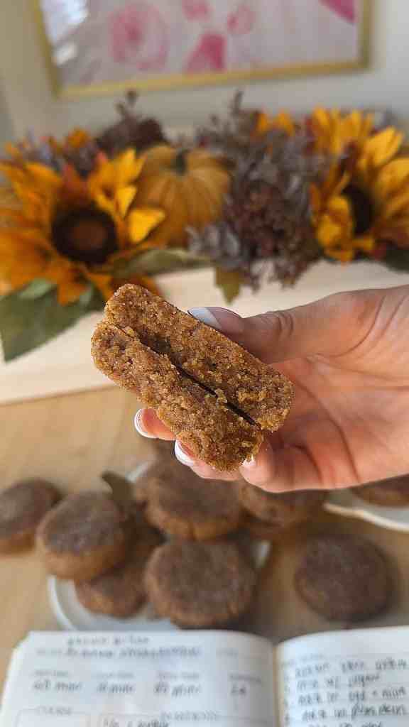 and holding a chewy pumpkin snickerdoodle cookie, showing its soft center