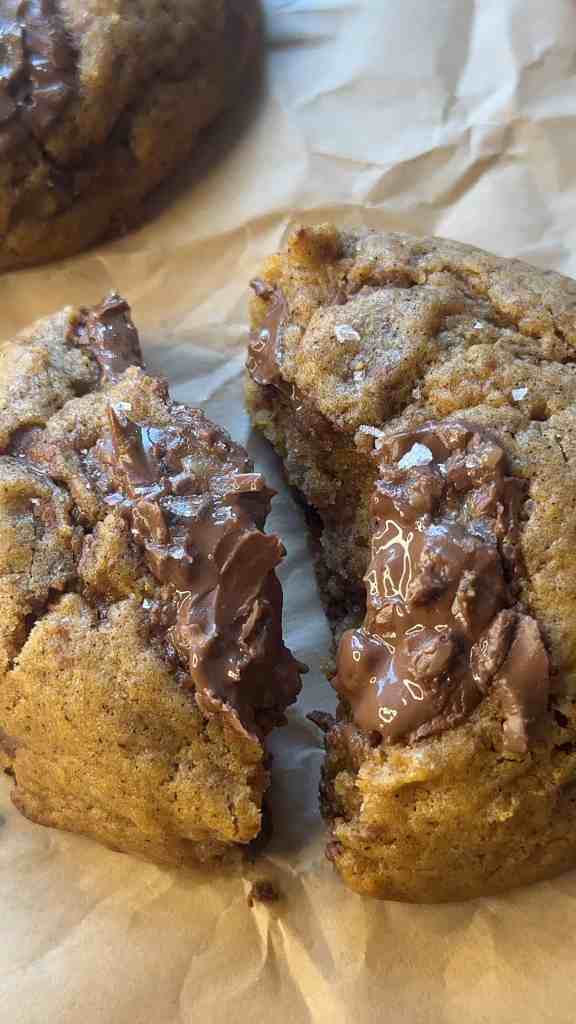 a close up of the gooey chocolate in my pumpkin chocolate chunk cookies