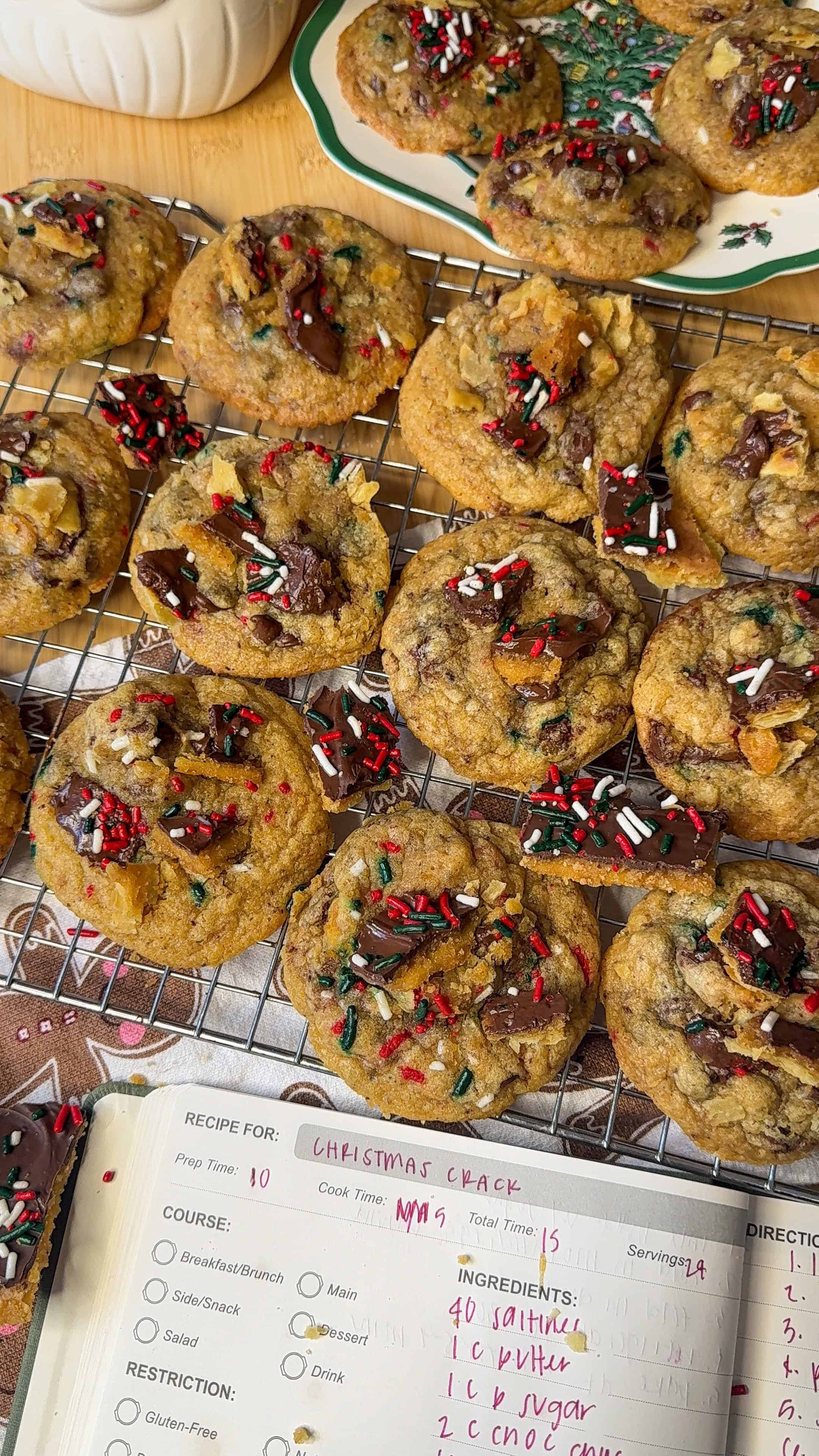 my christmas crack chocolate chip cookies lined up on a cooling rack after baking