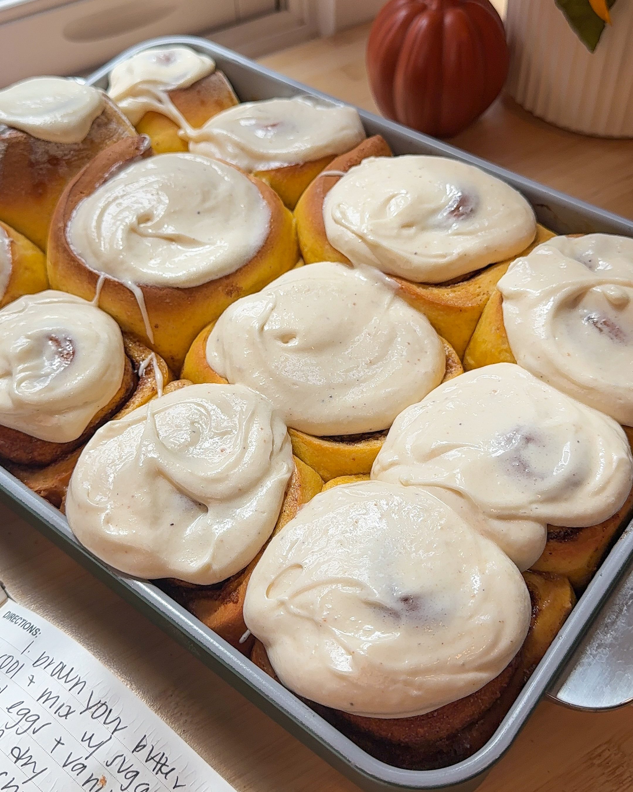 Brown Butter Pumpkin Cinnamon Rolls with Maple Cream Cheese Frosting
