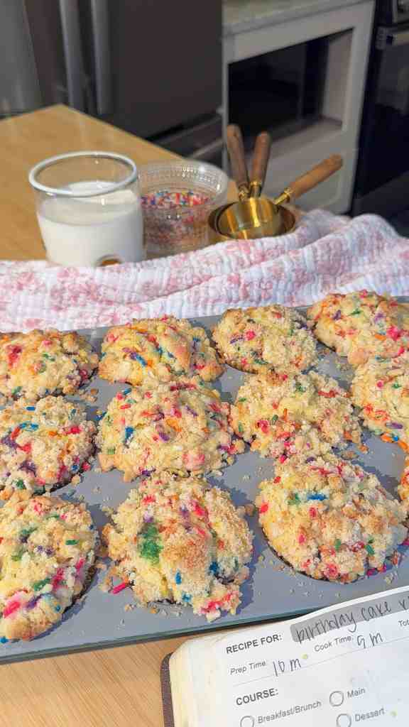 Birthday Cake Crumble Muffins with Sprinkle Streusel