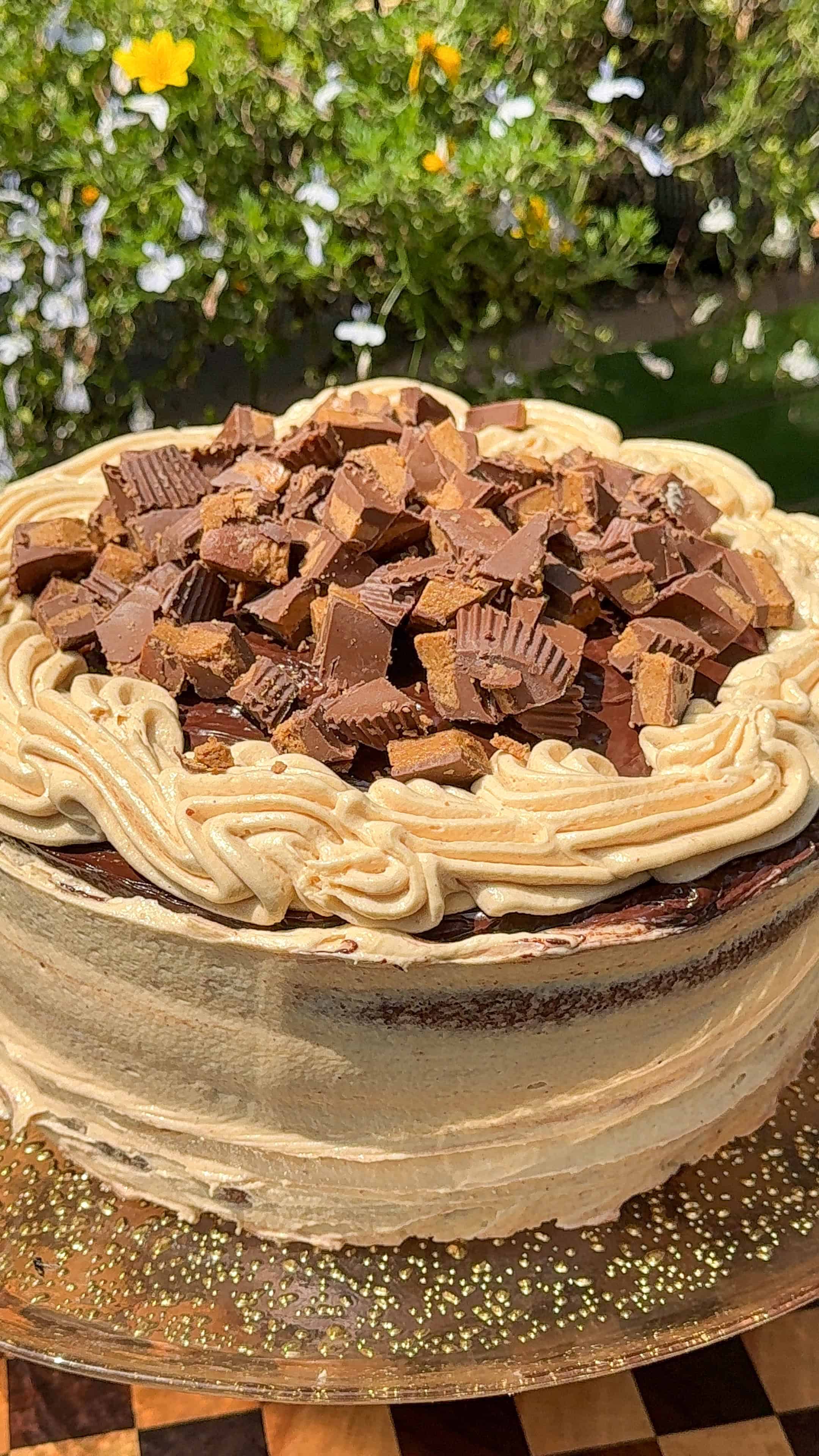 Triple Layer Peanut Butter Chocolate Cake with Reese’s